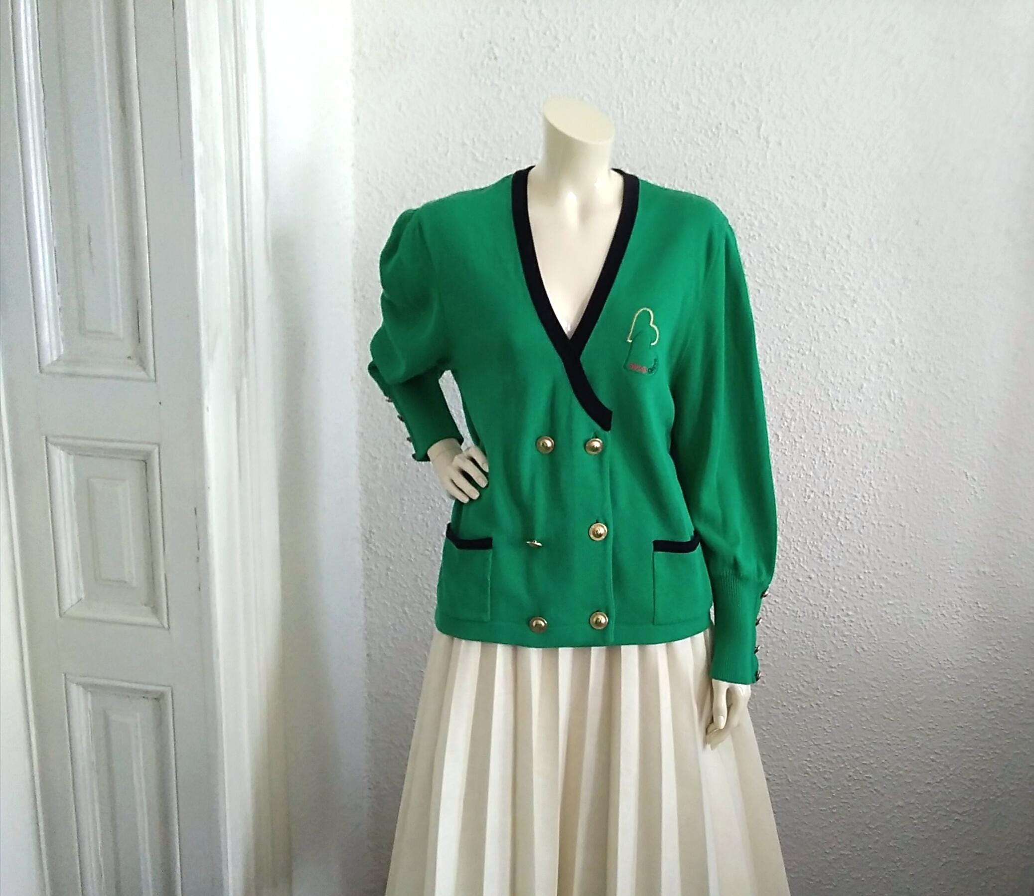 80s BASLER Green Cardigan Double Breasted Spring Cardigan College