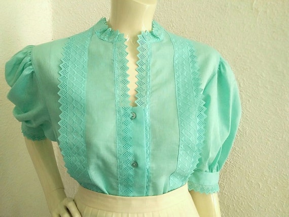 80s lace blouse neon turquoise blouse austrian tr… - image 4