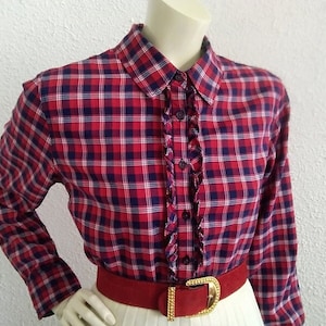 90er Jahre TOMY HILFIGER Hemd kariertes Hemd mit Rüschenkragen, Hemd mit Knöpfen, 10-Größe, Baumwollbluse, weinrote blaue Tartanbluse