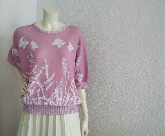 70s retro butterfly blouse dolman sleeve pink blo… - image 7