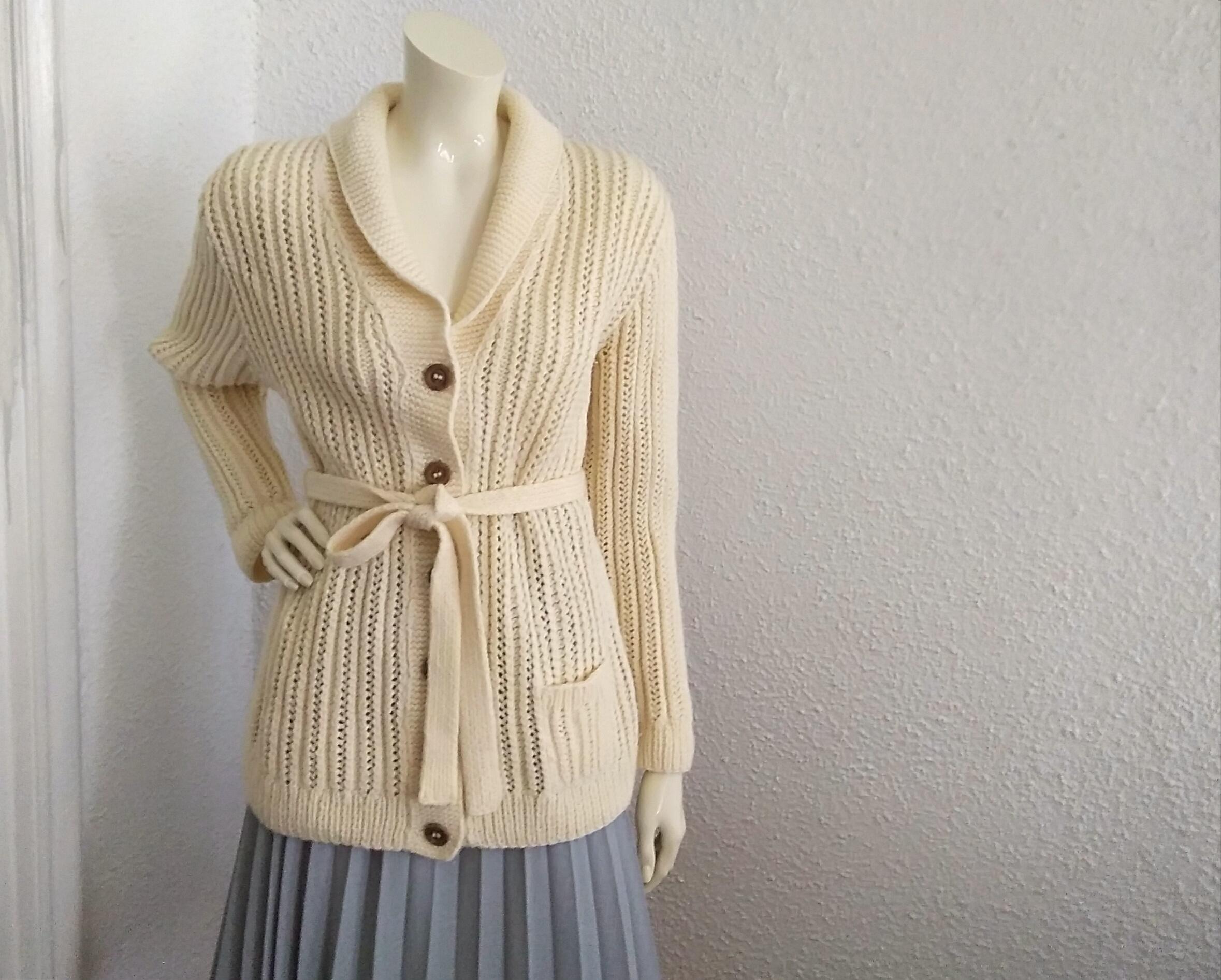 70s Belted Cardigan Spring Knitted Jacket Shawl Collar Cable