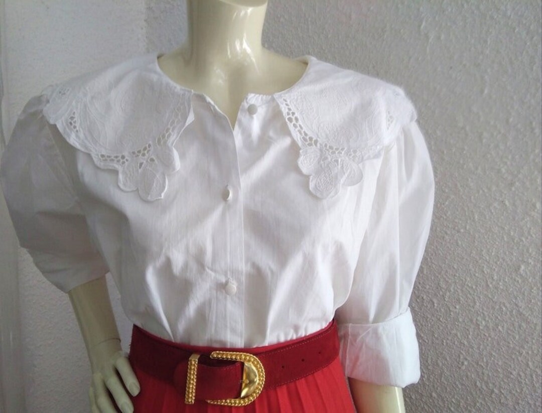 80's Scalloped Lace Collar Short Sleeve Linen Blouse