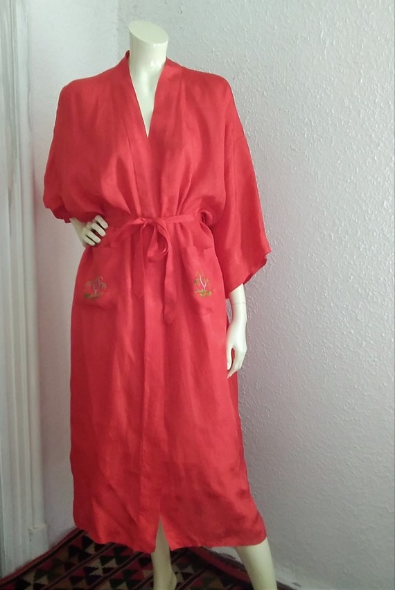 80s viscose red negligee floral jacquard home dress w… - Gem