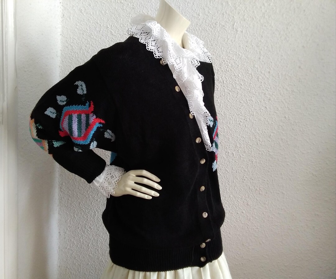 Vintage 80s Cardigan Balloon Sleeve Abstract Floral Black Purple Green 14 16 18