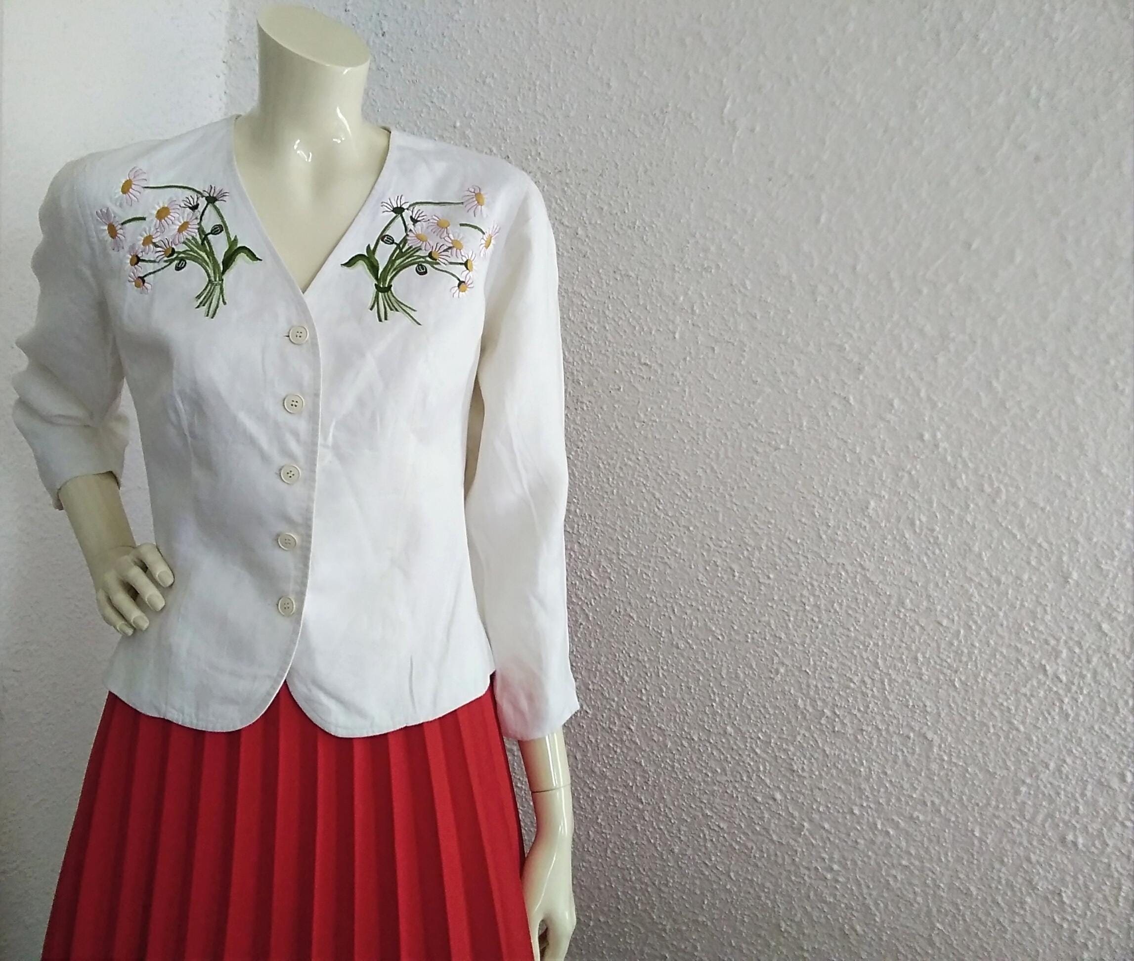 90s KENZO White Blazer Daisy Embroidered Blazer 3/4 Sleeve Spring 