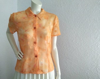 camicetta trasparente anni '90 camicetta floreale arancione camicetta trasparente camicia con bottoni rose camicetta jacquard camicetta corta camicetta romantica femminile