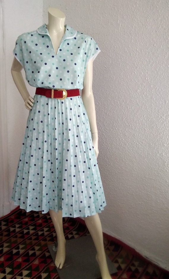 70s Does 50s Polka Dots Dress Pleated Accordion Dress Pastel Green-blue  Peter Pan Collar Sleeveless Elegant Dress - Etsy