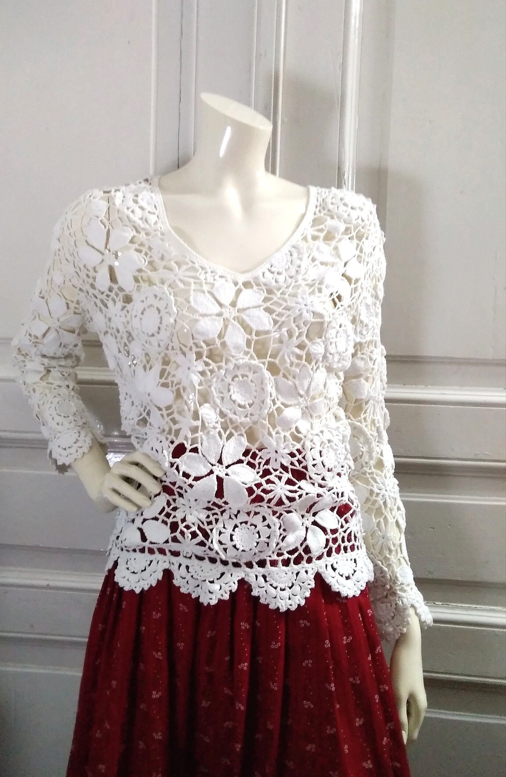 90s Cotton Lace Sweater Spring Jumper White Crochet Jumper Etsy