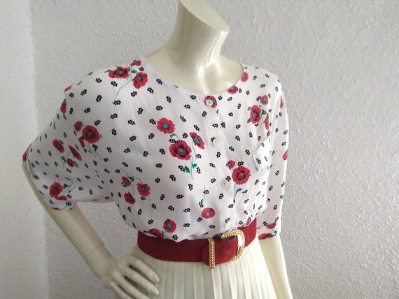80s floral blouse poppy print blouse elegant mult… - image 1