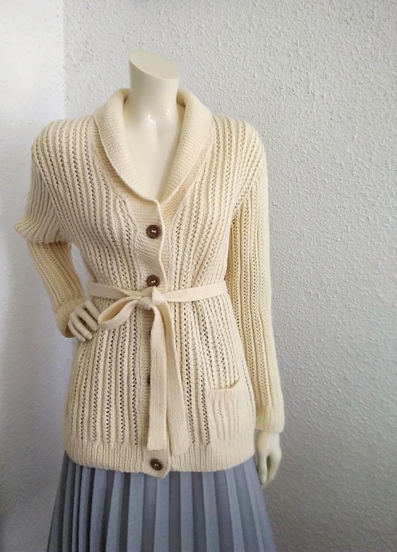 70s Belted Cardigan Spring Knitted Jacket Shawl Collar Cable