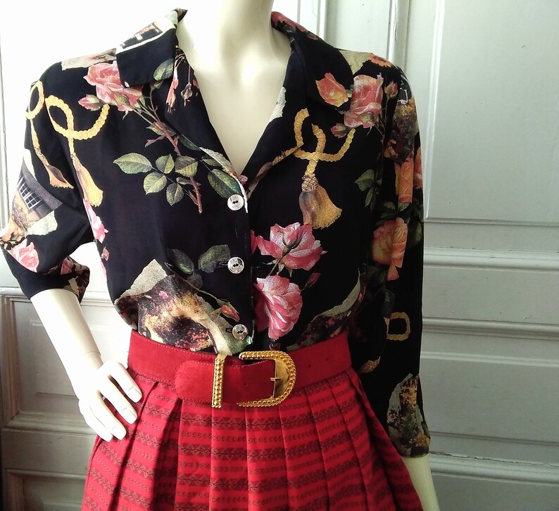 80s floral blouse red roses black print botanical blouse spring blouse 34 sleeve summer blouse vacation floral blouse viscose handmade