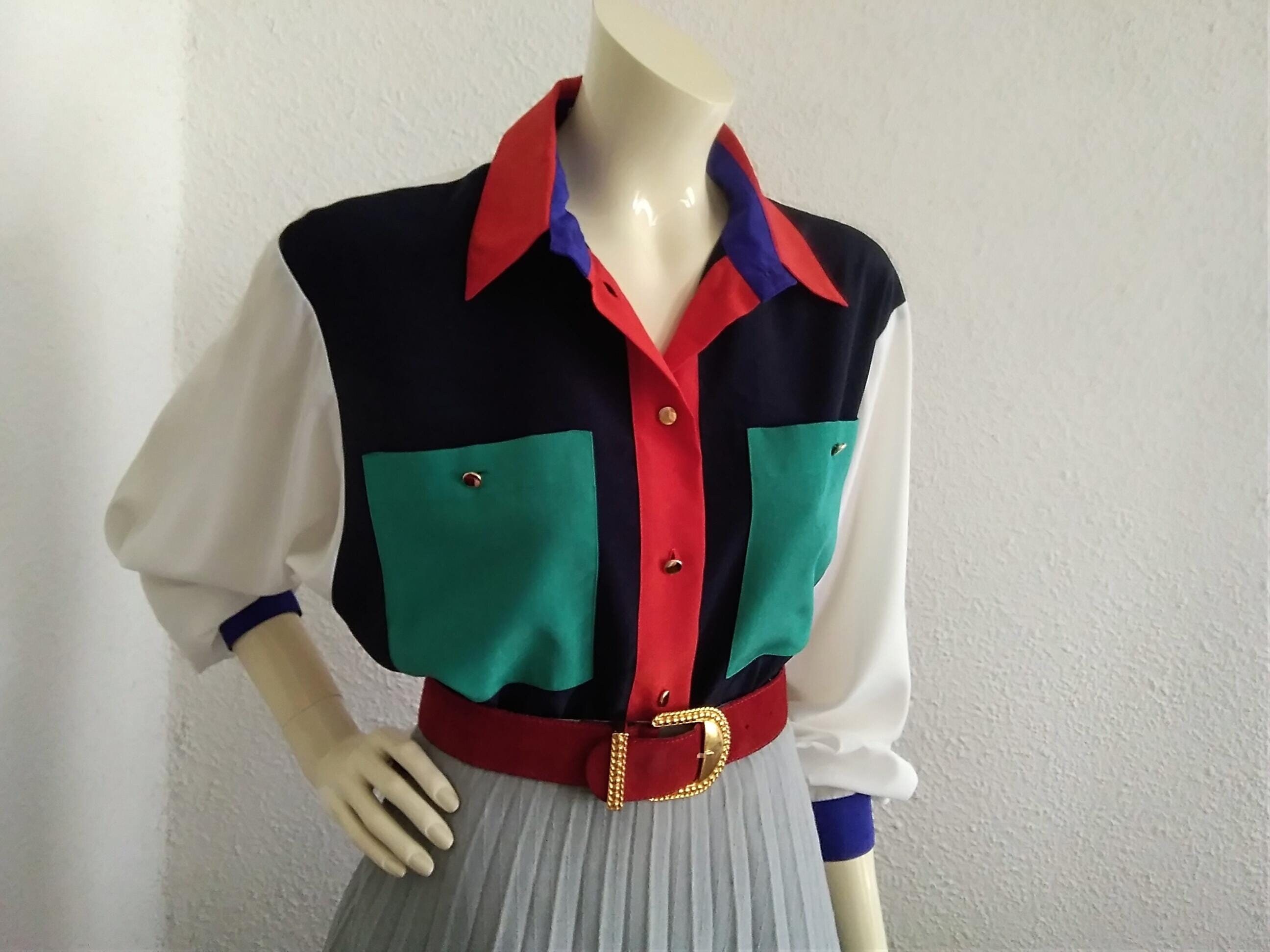 80s YARELL color block blouse 8 US size baroque print blouse multicolor blouse elegant colorful blouse statement blouse button up shirt