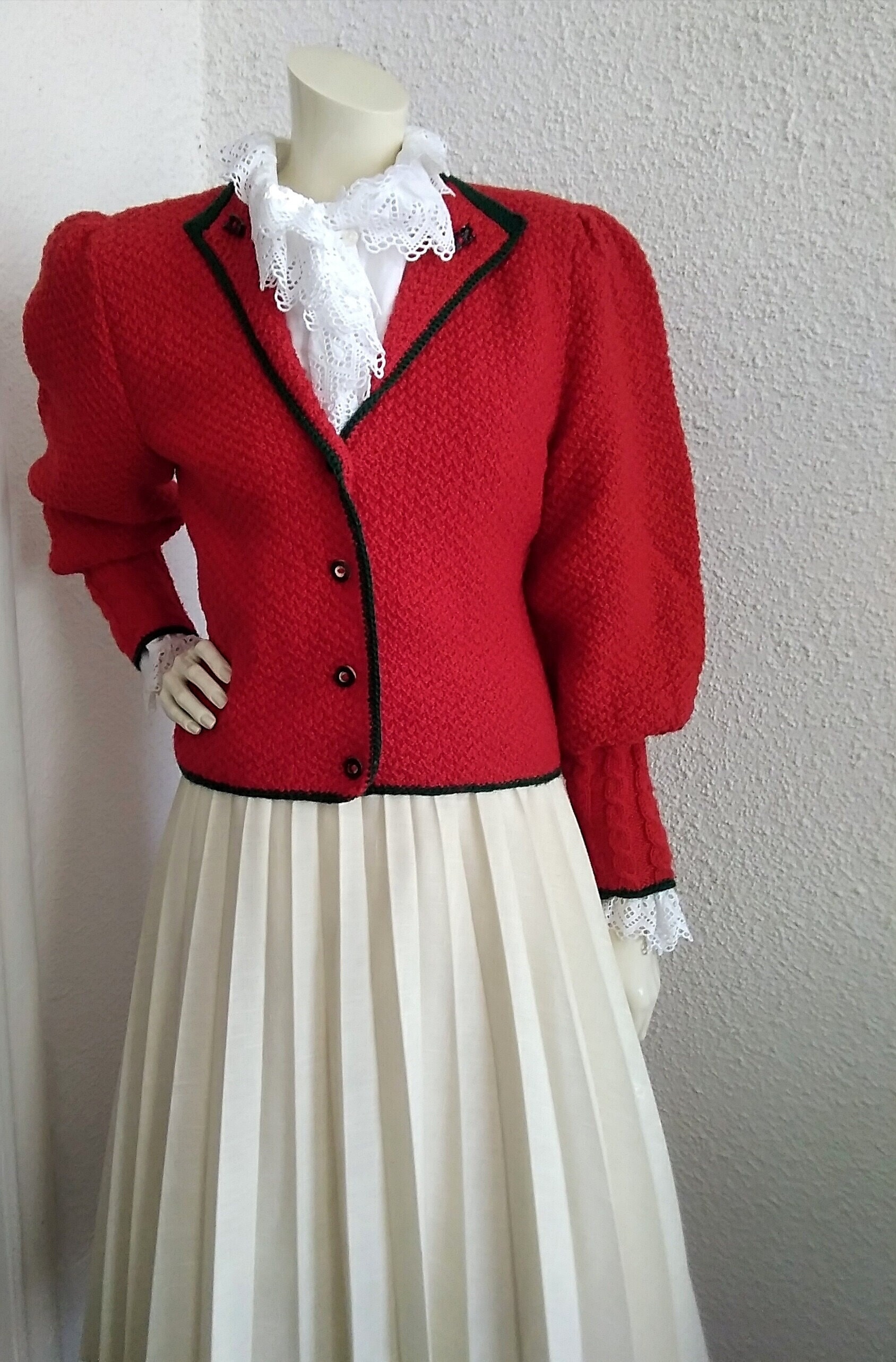 austrian cardigan puffy sleeve folk cardigan geometric sweater trachten german tyrolean wool cardigan bavarian edwardian victorian sweater