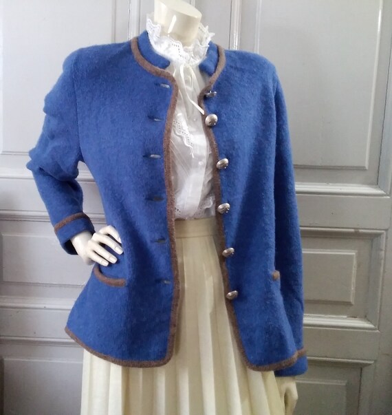 Folk Wool Cardigan Blue Bavarian Knitted Jacket Elegant Zalsburg