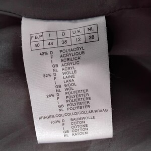 May include: A close-up shot of a clothing label, detailing fabric composition and international size conversions. The label lists percentages of polyacryl, wool, and polyester, along with size equivalents.