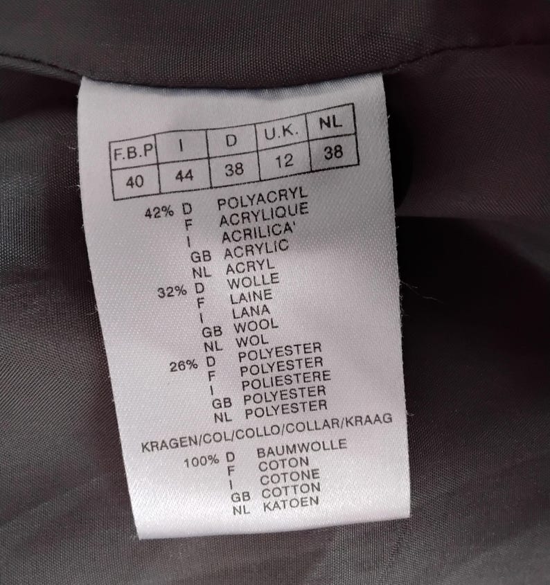 May include: A close-up shot of a clothing label, detailing fabric composition and international size conversions. The label lists percentages of polyacryl, wool, and polyester, along with size equivalents.
