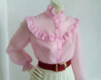 60er Jahre Bluse transparente Rüschen Plastronbluse rosa zarte Bluse romantische feminine Bluse 40er größe Bischofsärmel Bluse durchsichtige Bluse