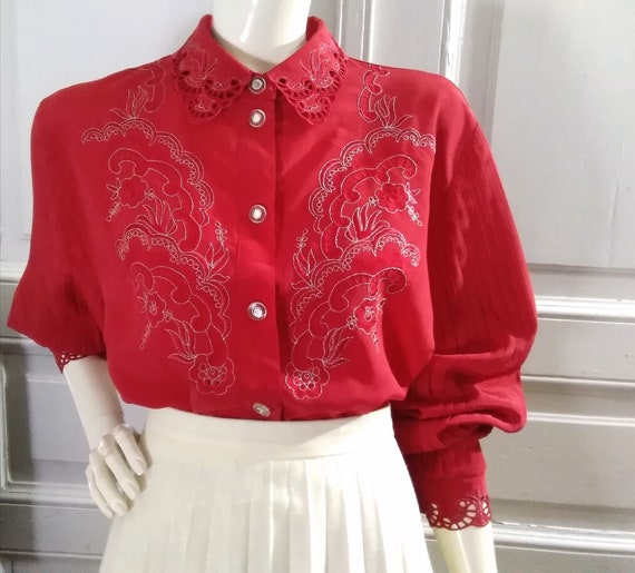 80s Spring Blouse Dark Red Blouse 