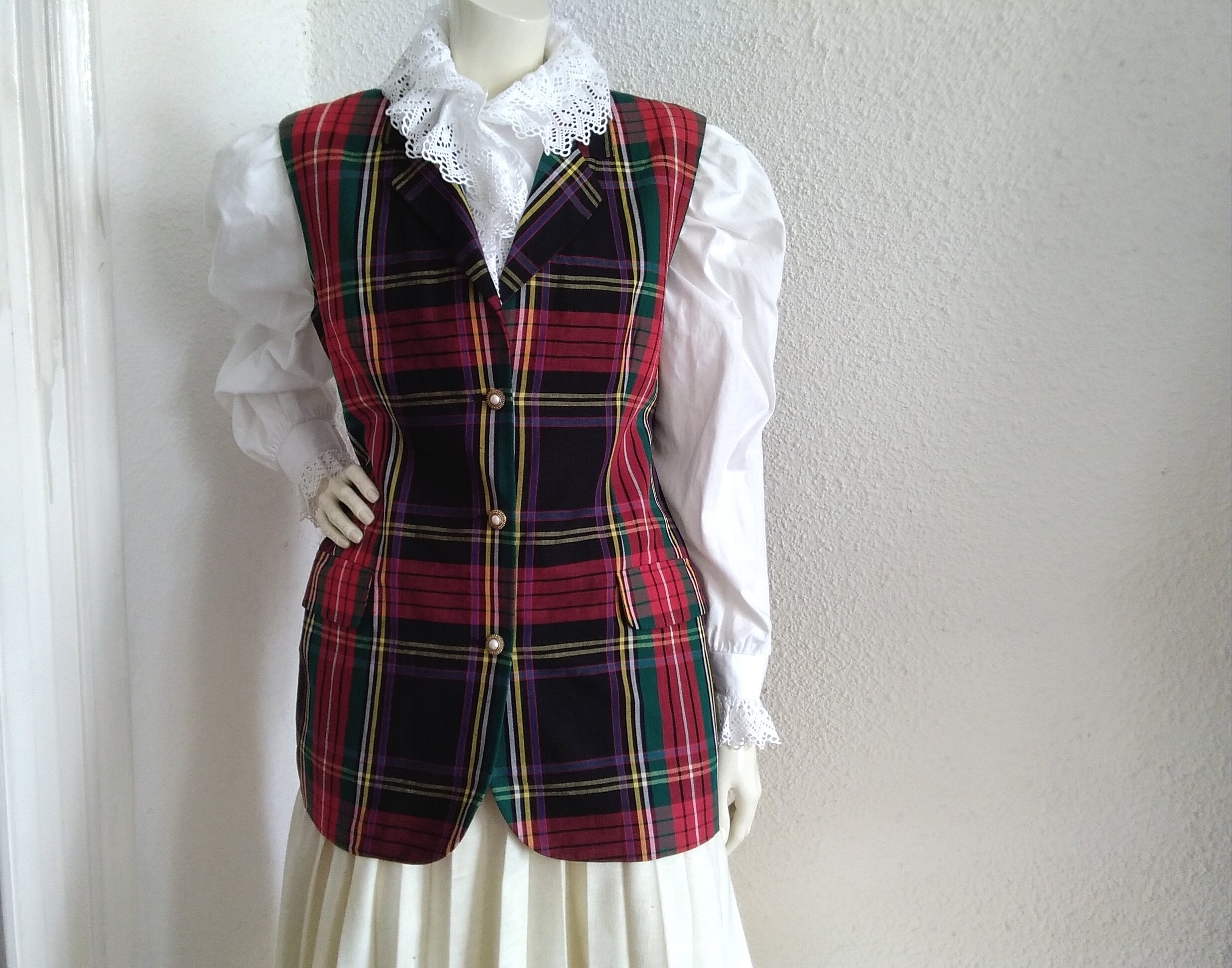 80s STEFANEL Vest Checkered Red Green 