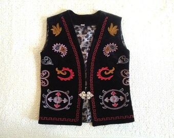90年代のアフガンベスト、刺繍入りベルベットベスト、フォーク