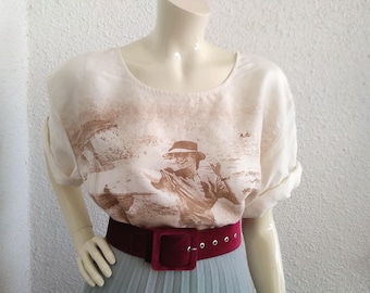80s pure silk blouse novelty blouse elegant summer blouse sepia photo print blouse pop-art silk blouse minimalist simple blouse basic blouse