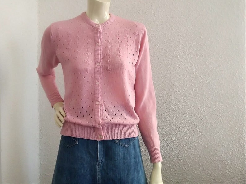 70s Pink Knit Cardigan, Floral Embroidery, Vintage Style - Etsy