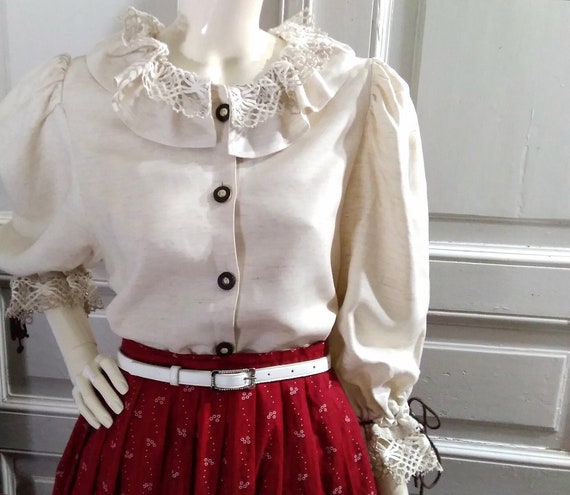 folk blouse baloon puffy sleeve top lace ruffled c