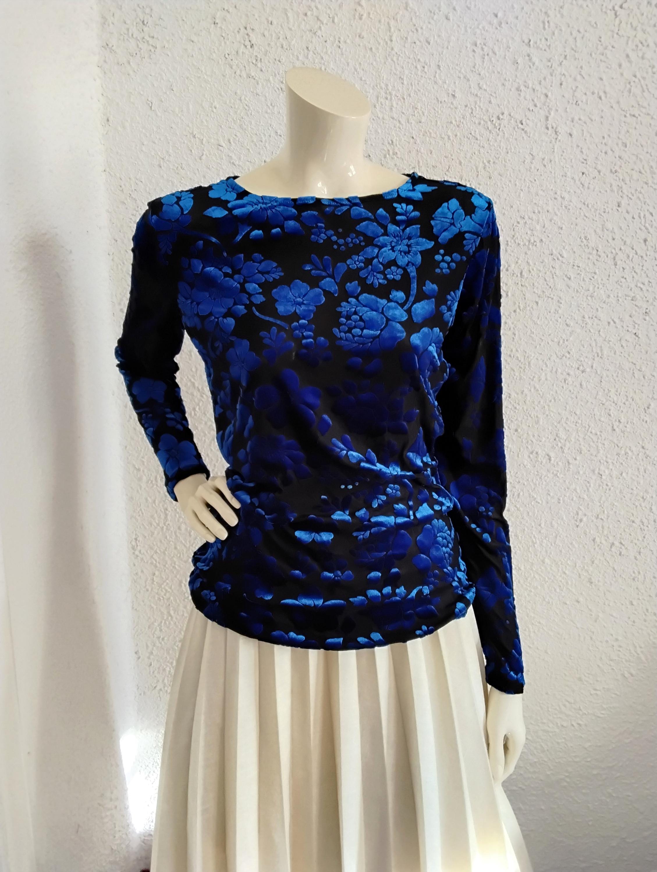 Velvet Sheer-ish Blouse Blue Shiny Top Disco Blouse Stretchy Sheer