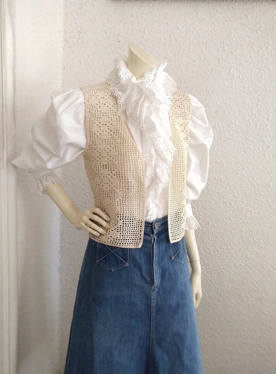 70s retro crochet vest boho lace floral vest summ… - image 2