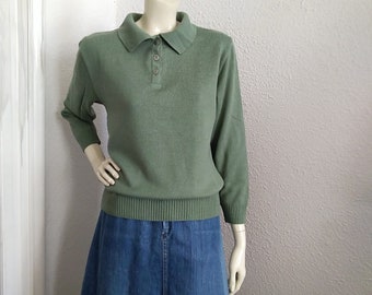 VintageMagicTouch 80s Sage Green Knitted Top Collared Sweater Polo Style Jumper Neutral Preppy Sweater Spring Minimalist Top 10 US Size Simple Basic Sweater