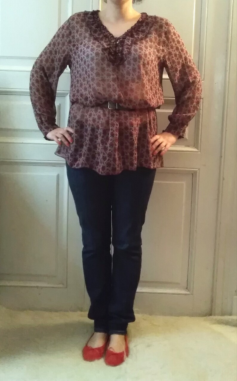 sheer mesh ruffled top floral print burgundy dark red color 90s long sleeve blouse