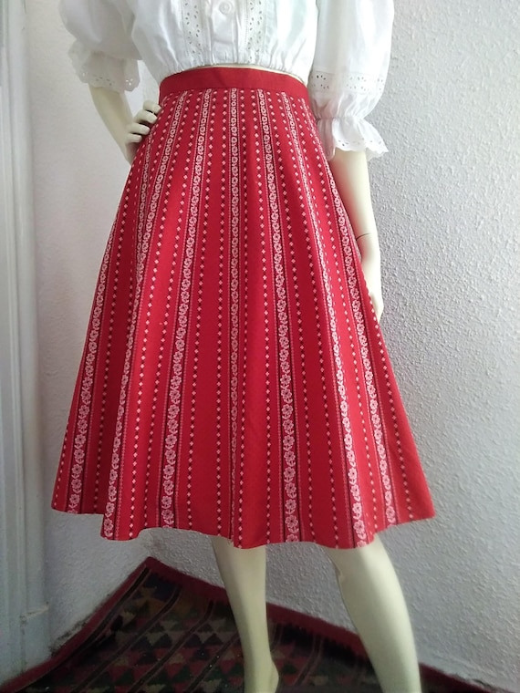 70s A-line Red Skirt Striped Floral Skirt Austrian Tyrolean Skirt