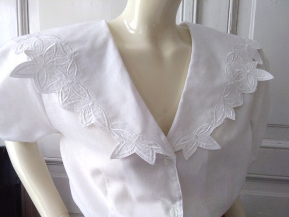80s embroidered big collar blouse puffy sleeve spr