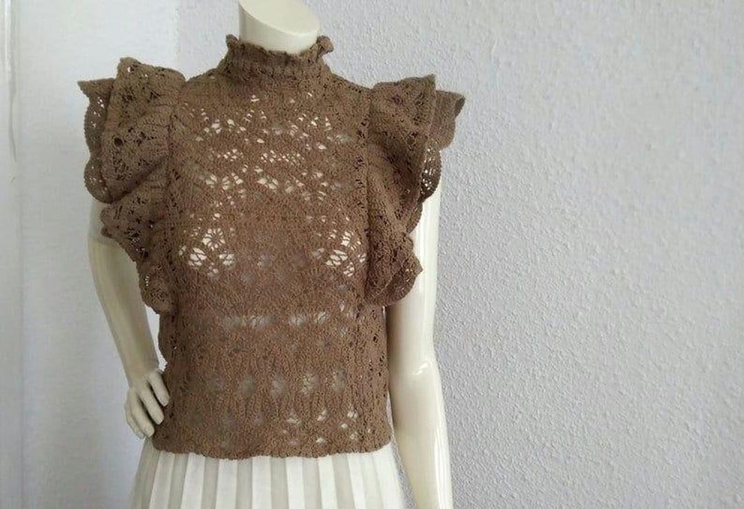 Blusa de malla ZARA 2000, blusa marrón con volantes, blusa de