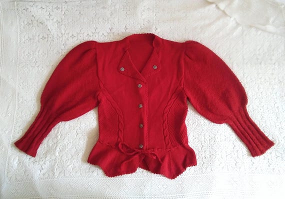 80s Folk Red Cardigan Handknitted Austrian Cardigan Puffy Sleeve 