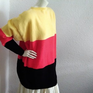 80er-Jahre-Colorblock-Pullover, Frühlings-Oversize-Pullover, wahrscheinlich Acryl-Pullover aus weichem Stoff, mehrfarbiger Pullover, Pop-Art-Handstrickpullover, langer Winterpullover