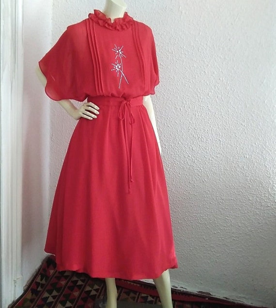 70s Party Red Dress Dolman Sleeve Maxi Cocktail Evening Dress Batwing  Belted Ruffled Collar - Etsy