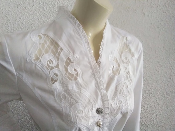 90s embroidered blouse swan collar romantic shirt lace plastron blouse basic white shirt ruffled blouse