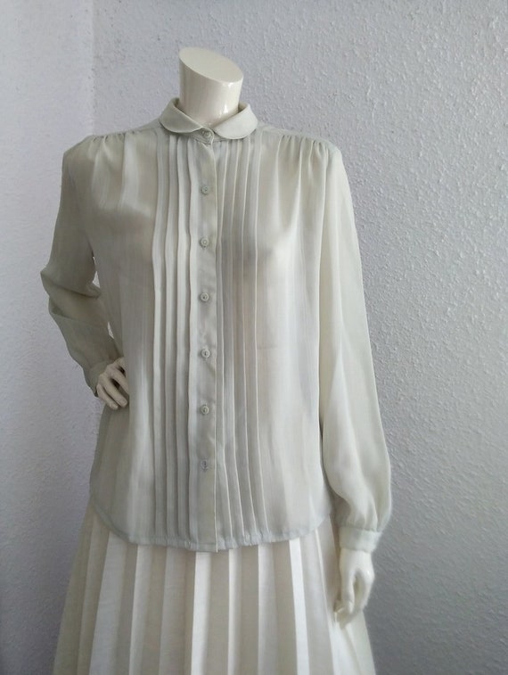 70s does 50s pintucked blouse sheer minimalist bl… - image 3