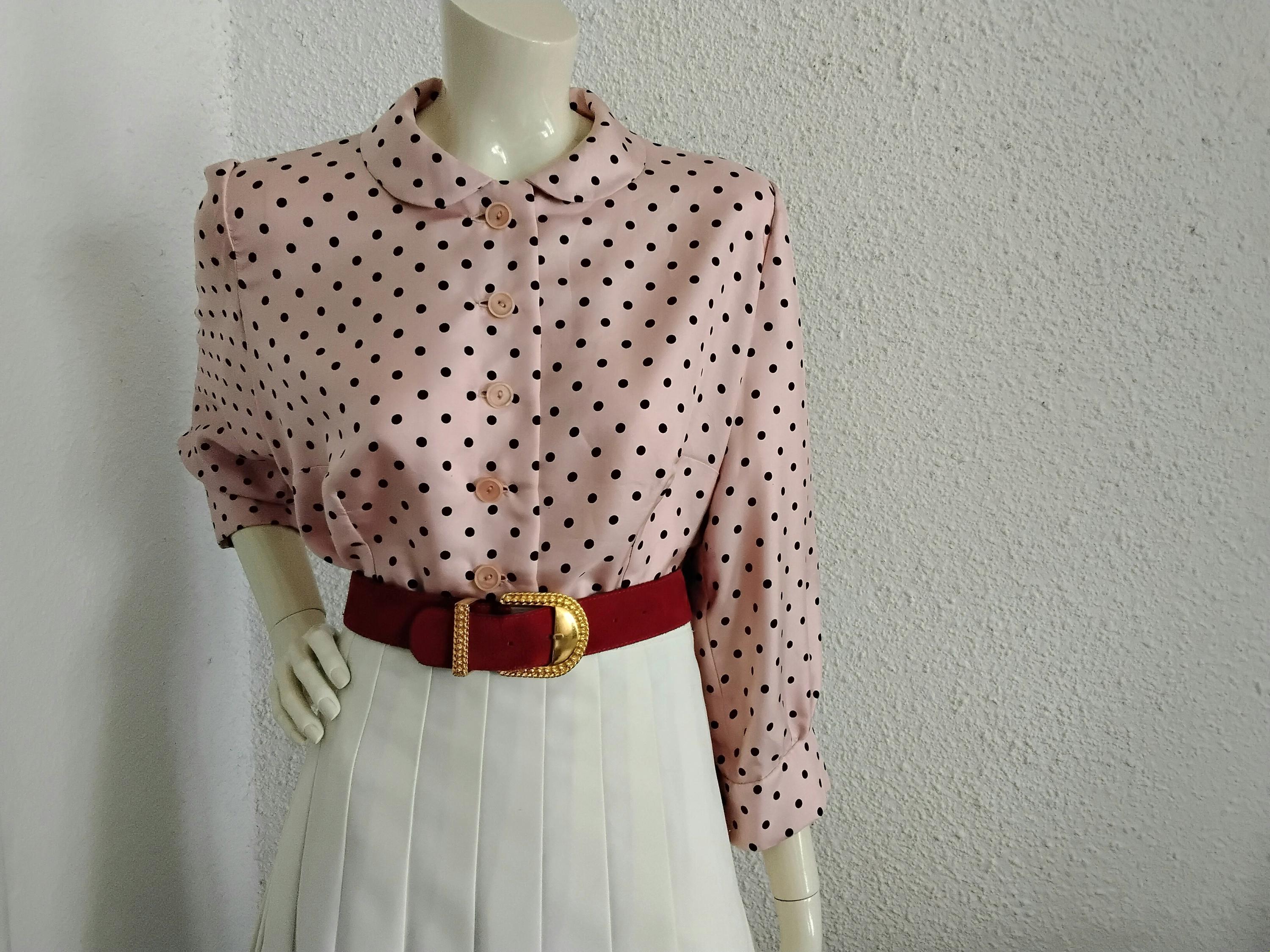 60s Mod Polka Dots Blouse Peter Pan Collar Dusted Pink Summer 