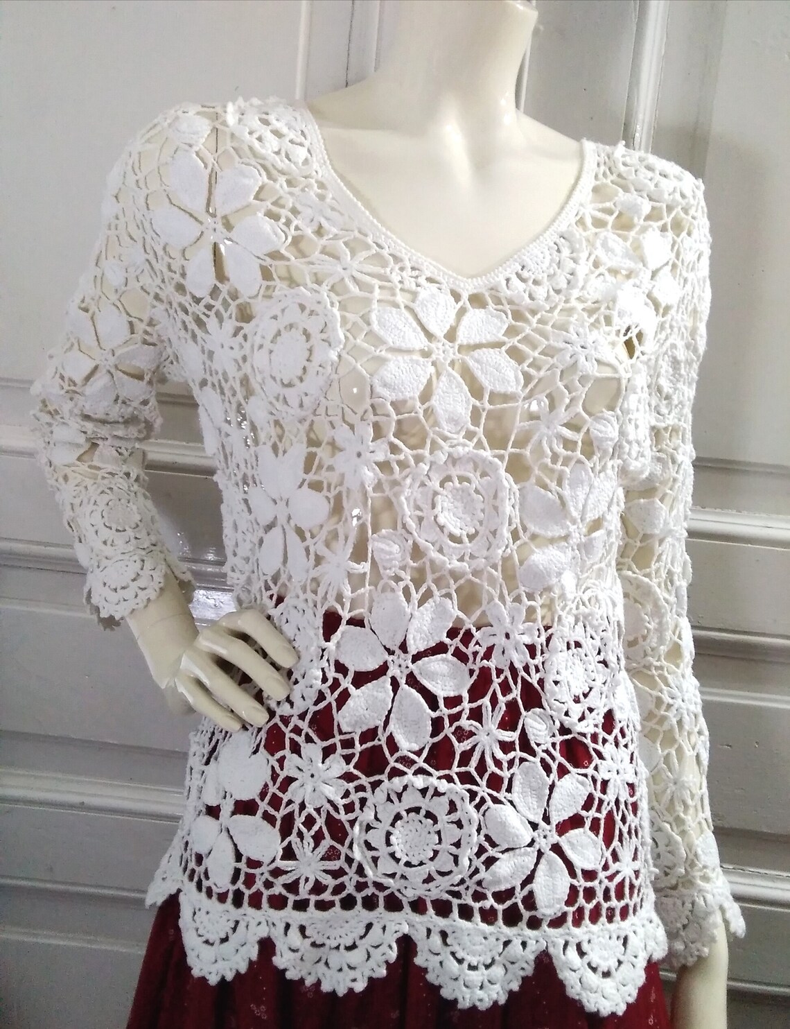 90s Cotton Lace Sweater Spring Jumper White Crochet Jumper Etsy