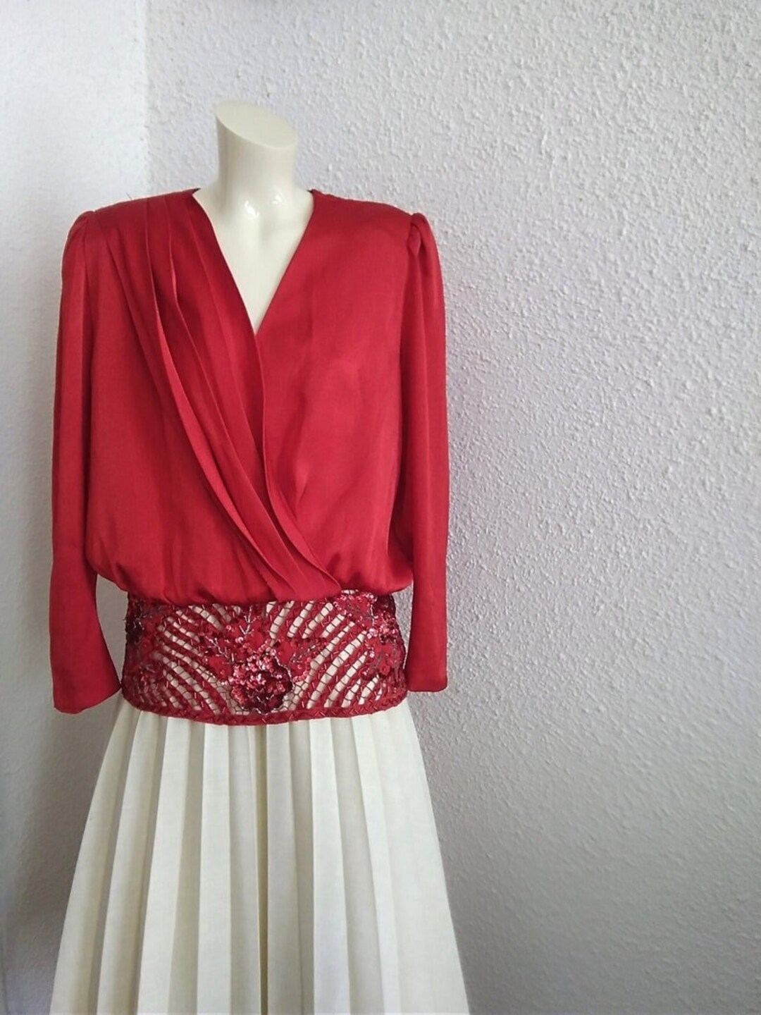 80’s Red Black Silky Abstract Puff Sleeve Blouse main image 0