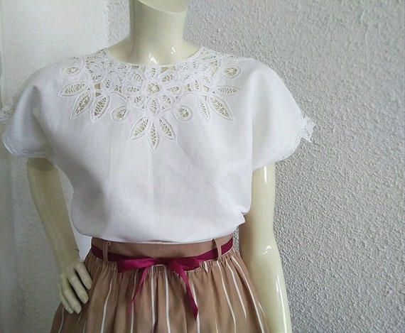 80s open lace blouse M size white embroidered blo… - image 8