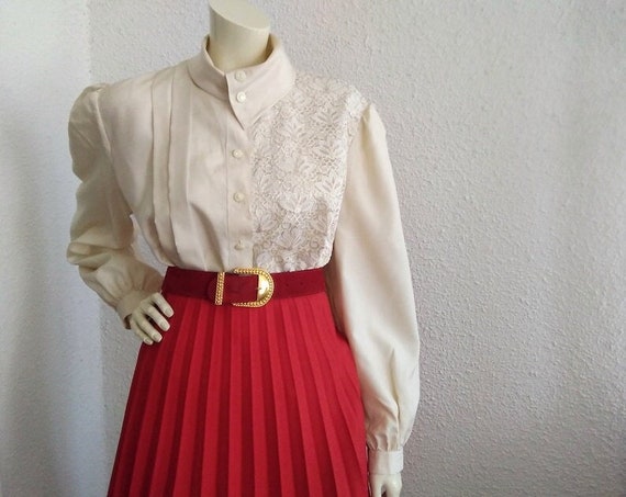 80s handmade blouse beige neutral color blouse asymmetric collar blouse puffy sleeve elegant blouse statement blouse lace basic blouse