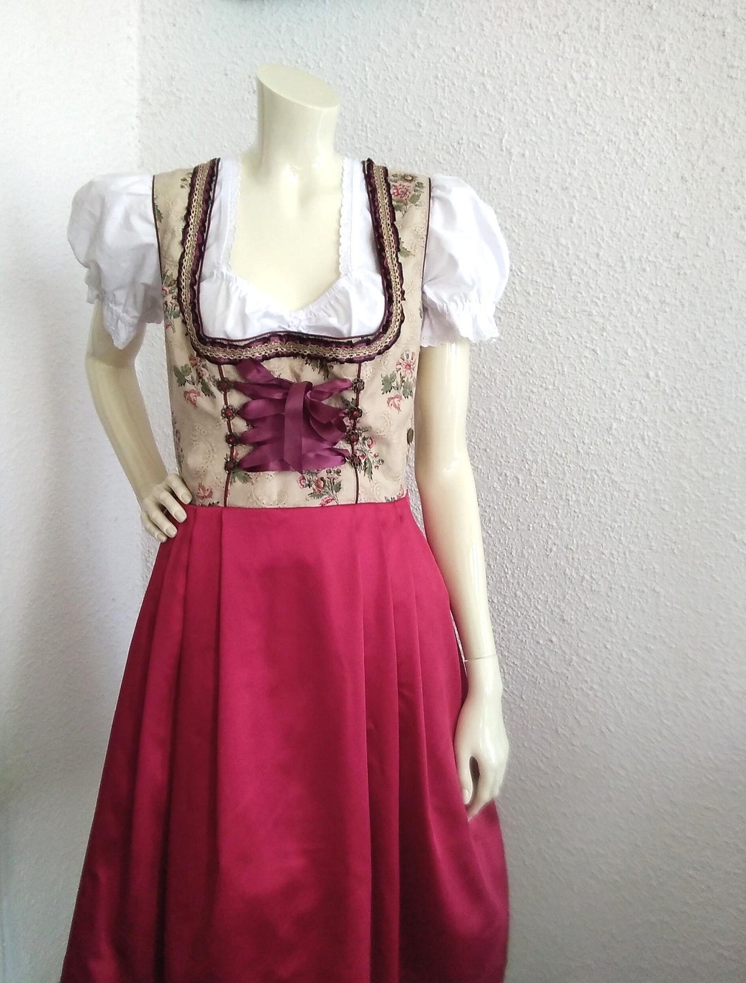 90s Folk Dress Burgundy Traditional Dress Tapestry Austrian Dress ...