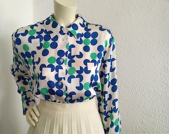 2000 polka dots blouse silky liquid blouse button up shirt blue green blouse elegant statement blouse spring blouse vivid colors blouse