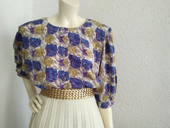 80s floral blouse puffy sleeve elegant blouse statement blouse roses print blouse multicolor pop-art blouse summer blouse jacquard blouse