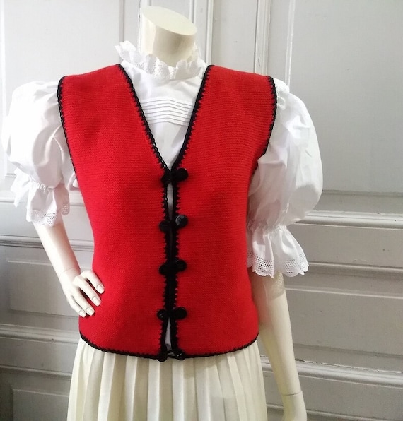 80s folk handknitted vest bicolor vest red and bl… - image 1