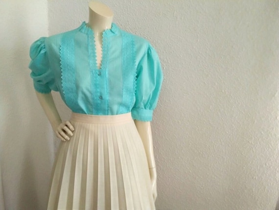 80s lace blouse neon turquoise blouse austrian tr… - image 1