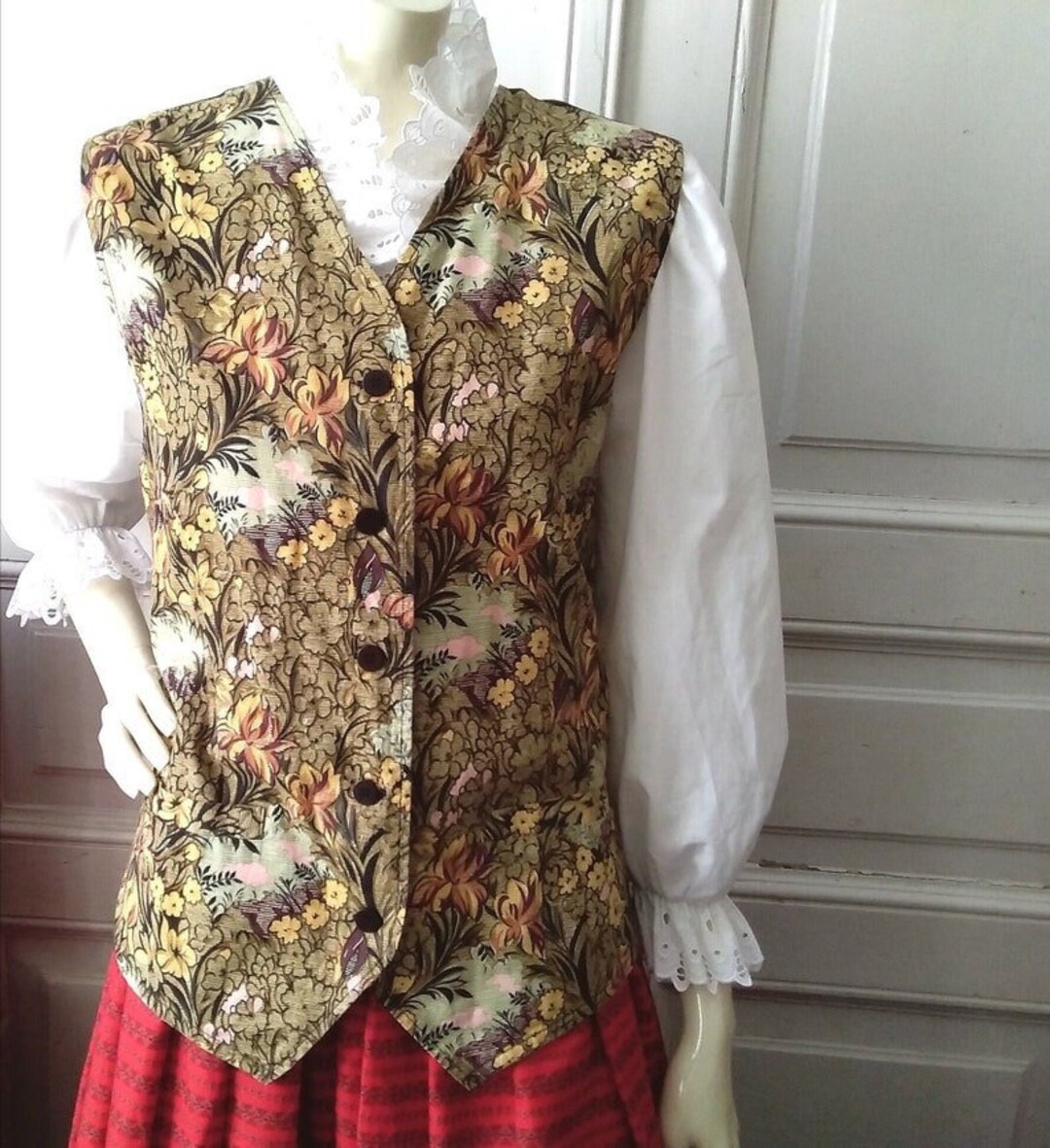 80s Vintage Spring Vest Floral Yellow Vest V-neck Hippie